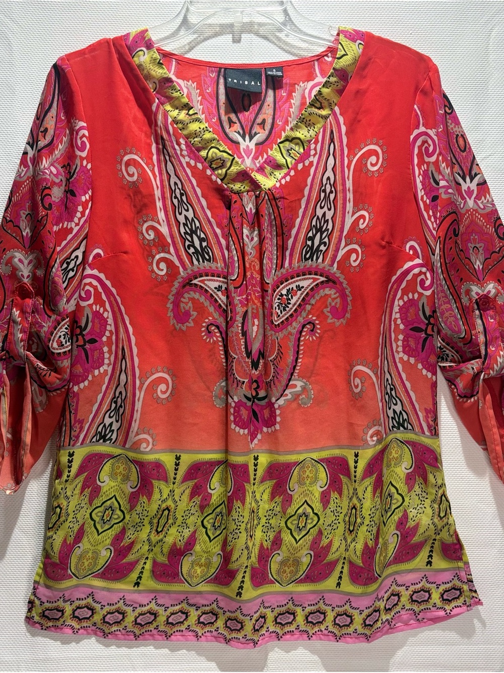 Tribal Women’s Coral-Pink Paisley V-Neck Tunic with Lime Border